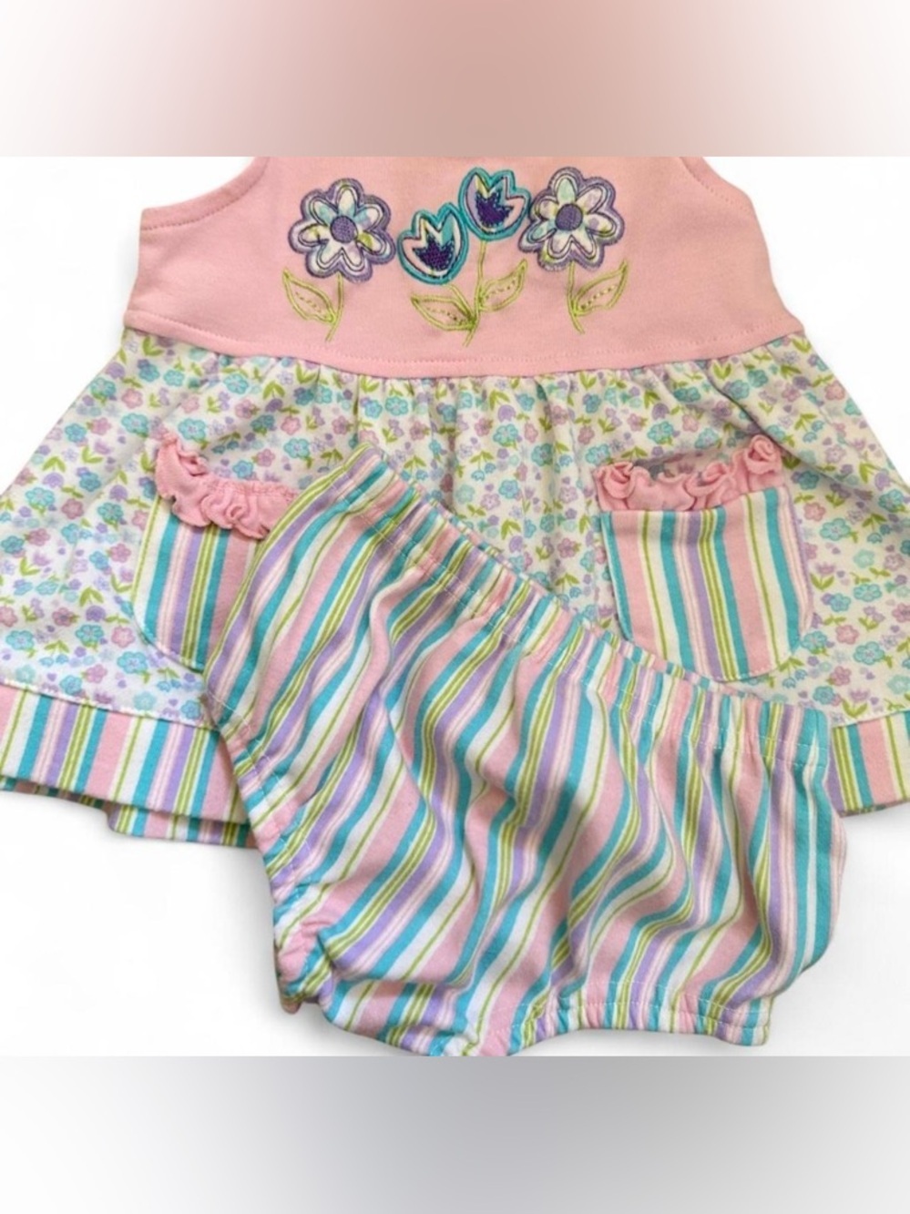 Vintage Fisher Price pink ruffle bubble romper pink floral girl dress set 6/9 m - Picture 2 of 5